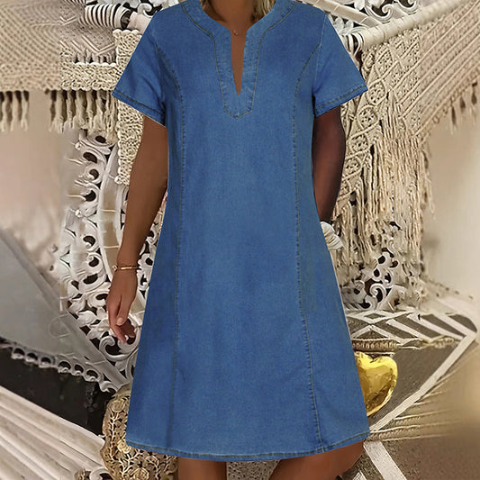 Hawthorne™ – V-Neck Short-Sleeve Denim Dress with Pockets + 50% OFF